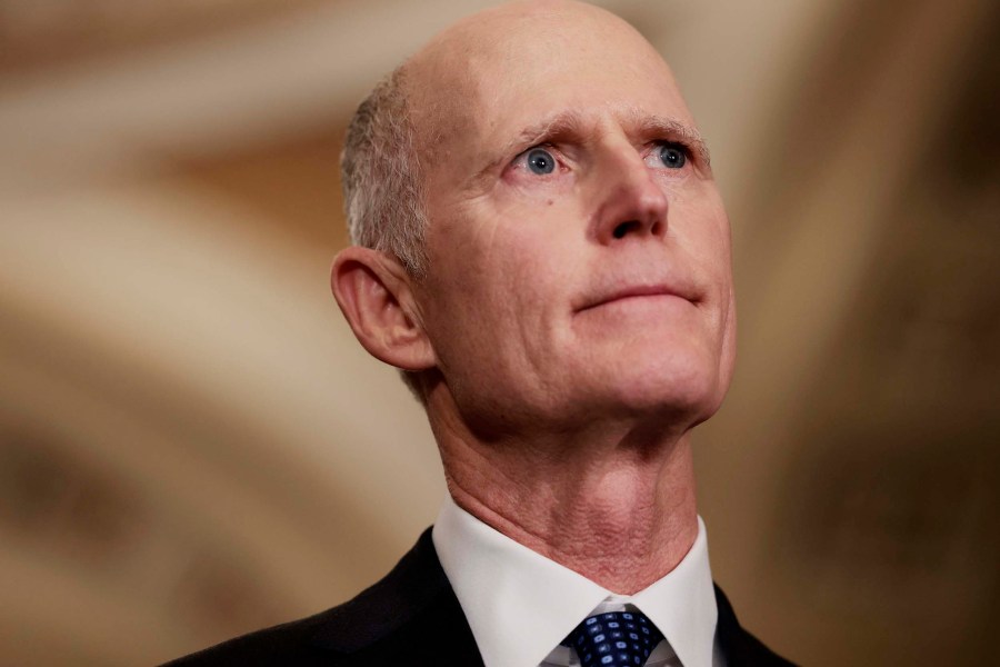 Sen. Rick Scott addresses reporters following a weekly Republican policy luncheon at the U.S. Capitol on October 5, 2021 in Washington, DC. D