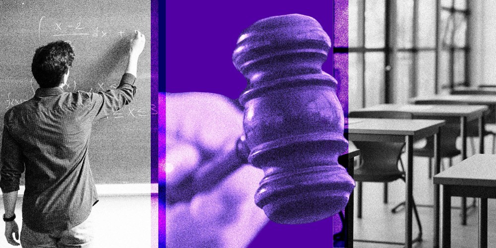 Photo Illustration: A teacher a chalkboard, a judge's gavel, and an empty classroom
