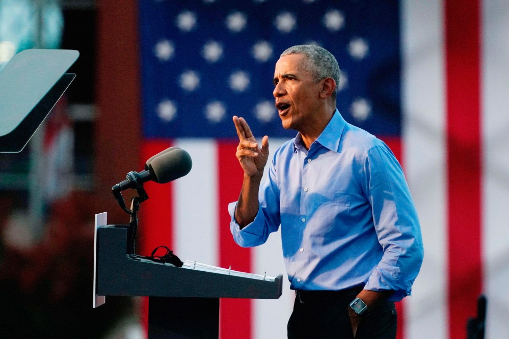 Barack Obama addresses Biden-Harris supporters during a drive-in rally in Philadelphia, Penn. on Oct. 21, 2020.