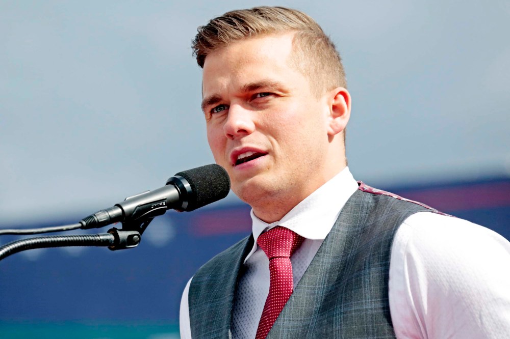 Rep. Madison Cawthorn speaks to the crowd before Donald Trump takes the stage at a rally on April 9 in Selma, N.C.
