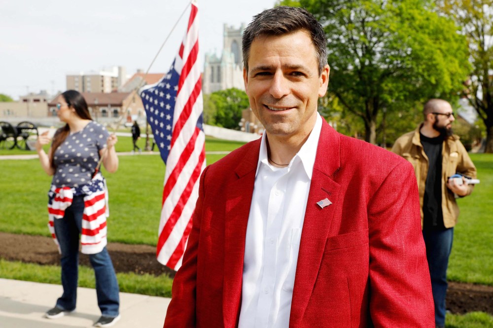 Ryan Kelley attends a Freedom Rally outside the Michigan State Capitol in Lansing