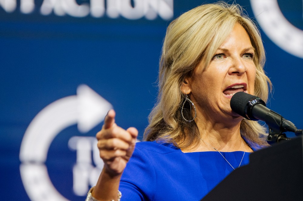 Kelli Ward speaks at a "Save America" Rally In Phoenix