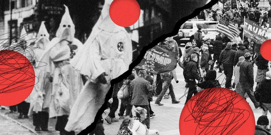 Photo Illustration: Archival photo of a KKK march and protesters at the Capitol on January 6, 2021