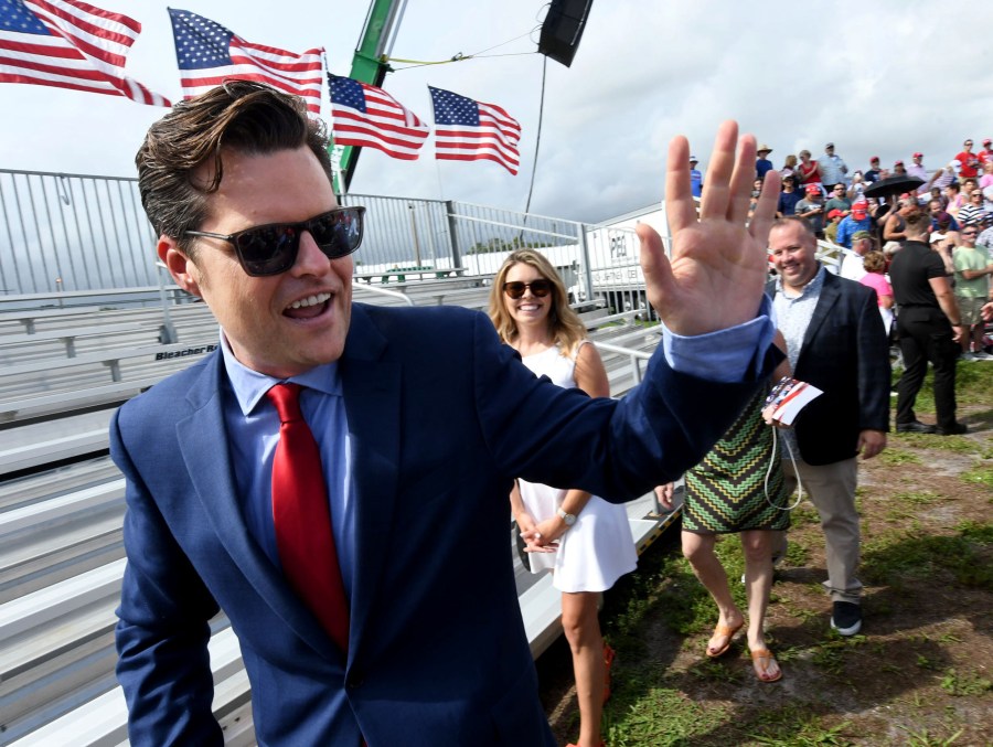 Image: Rep. Matt Gaetz greets the crowd at a rally for former President Donald Trup in Sarasota, Fla., in 2021.