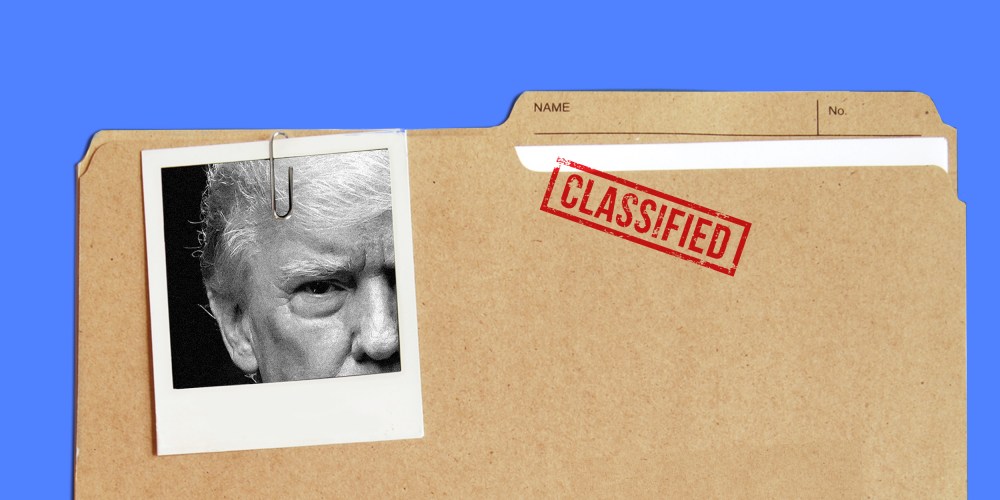Photo illustration: A folder with a stamp that reads,"Classified" and a photo showing a partial view of Trump.