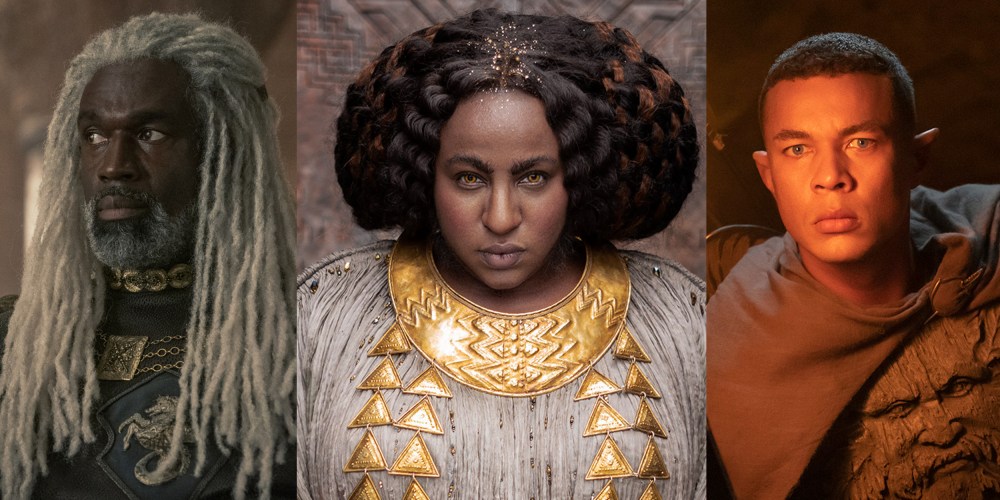 Photo composite: Steve Toussaint in "House of the Dragon", Sophia Nomvete and Ismael Cruz Cordova in "The Lord of the Rings: The Rings of Power".