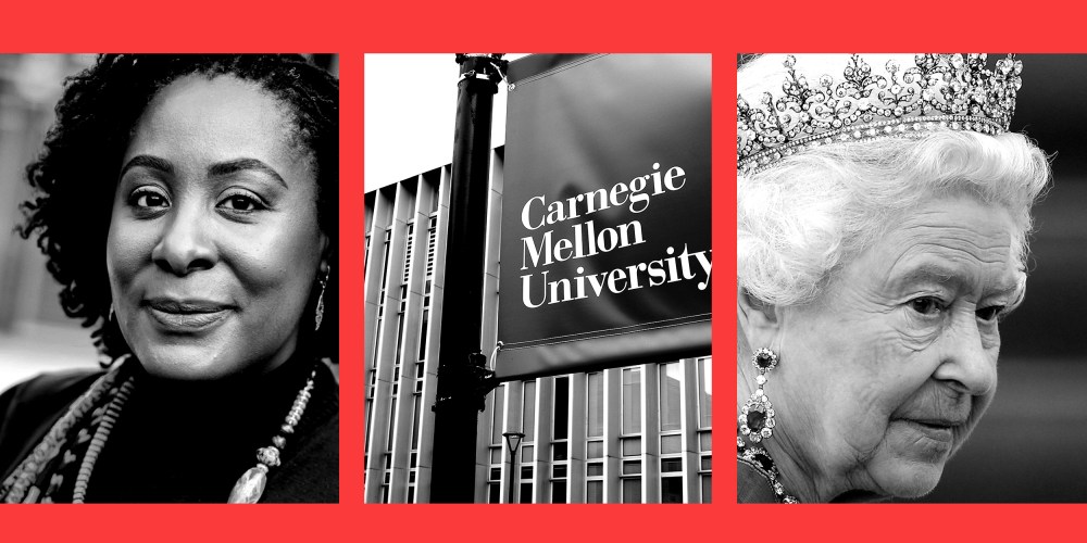 Photo illustration: Three images in a red frame show Uju Anya, a banner reading "Carnegie Mellon University" and Queen Elizabeth II.