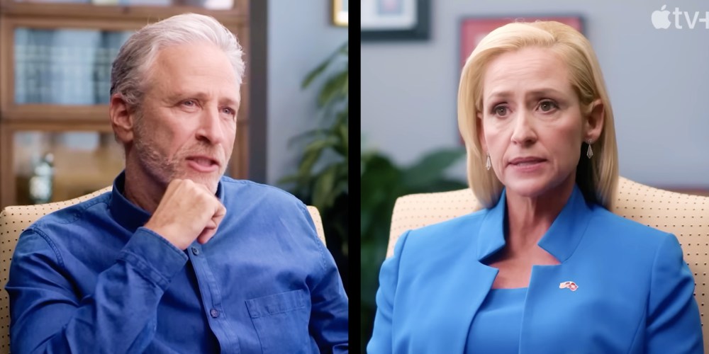 Photo diptych: Jon Stewart and Arkansas Attorney General Leslie Rutledge in stills from "The Problem with Jon Stewart".