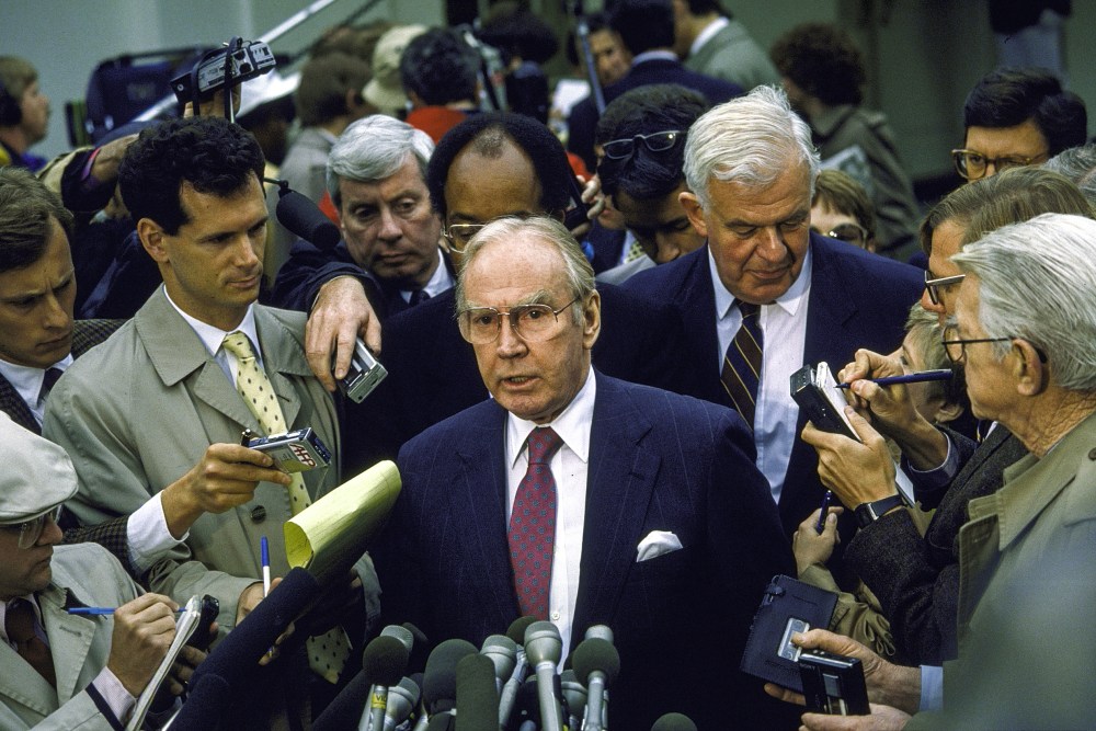 Reporters clustering around House Spkr. James C. Wright Jr. with Reps. William H. Gray III (L) and Thomas S. Foley in tow.