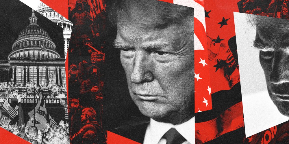 Photo Illustration of rioters at the Capitol on Jan. 6, 2021, and former President Donald Trump, with an American flag