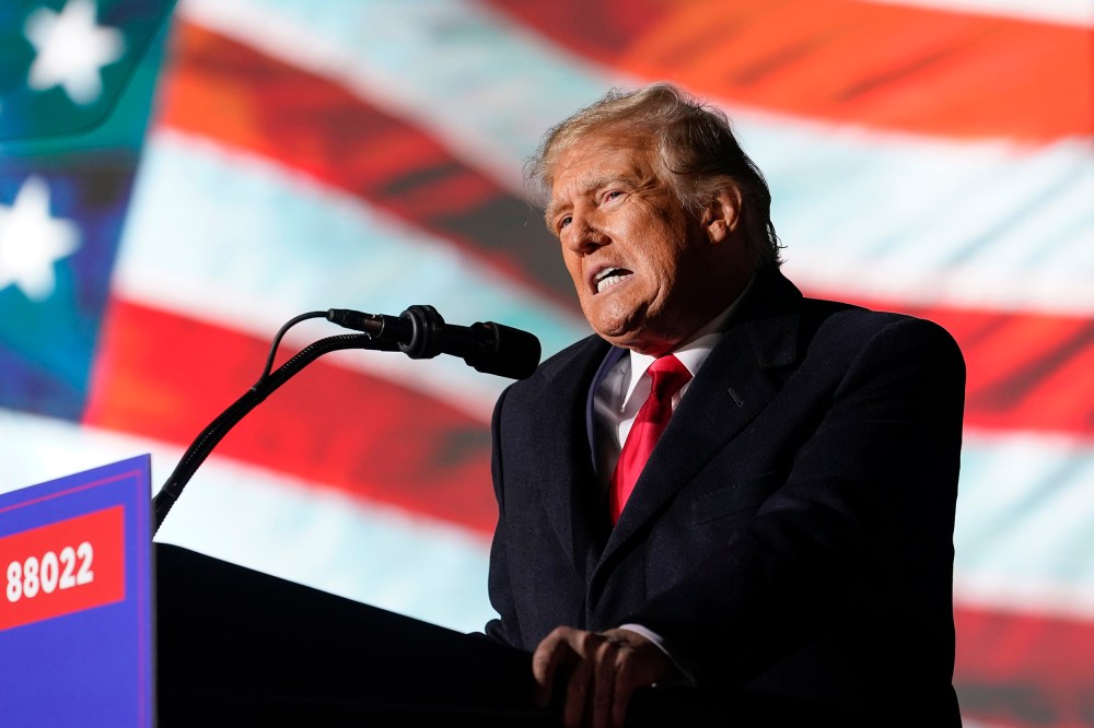 Former President Donald Trump speaks at a campaign rally in support of the campaign of Ohio Senate candidate JD Vance at Wright Bros. Aero Inc. at Dayton International Airport on Monday, Nov. 7, 2022, in Vandalia, Ohio.