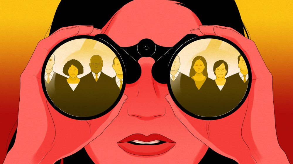 Drawn illustration of a woman looking through binoculars that show the Supreme Court Justices in the lens reflection.
