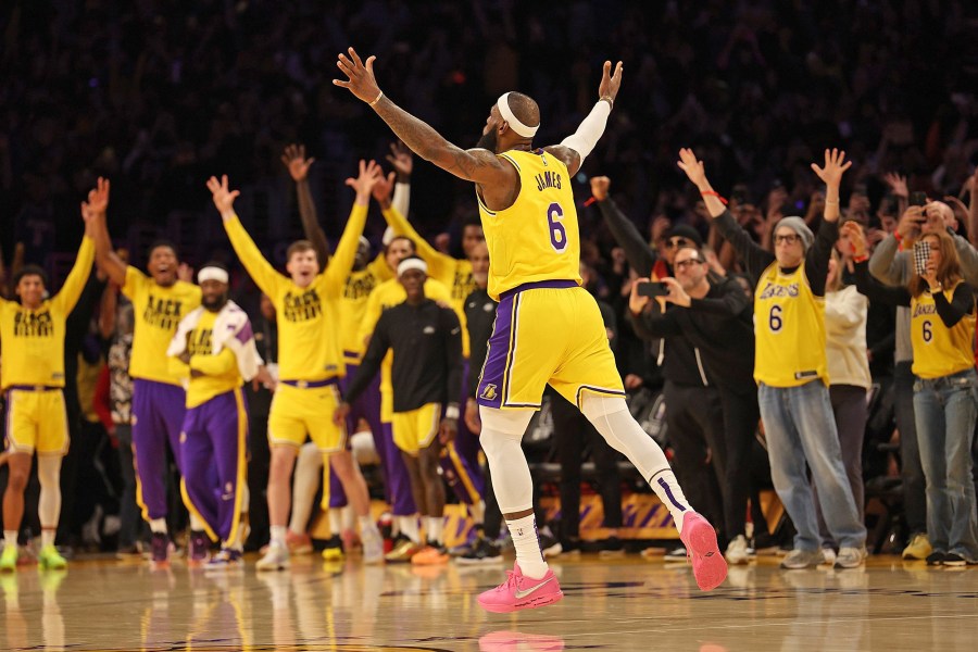 LeBron James celebrates after scoring to become the NBA's all-time leading scorer on Feb. 7, 2023 in Los Angeles.