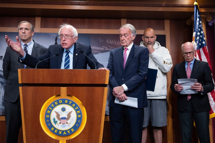 From left, Jeff Merkley, Bernie Sanders, Ed Markey, John Fetterman, and Peter Welch during a press conference at the U.S. Capitol