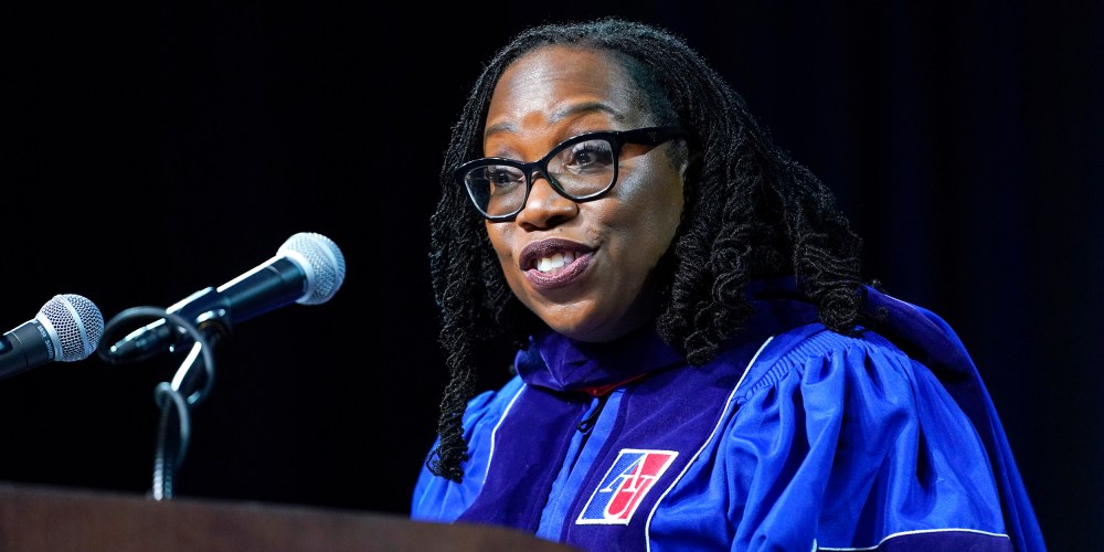Supreme Court Associate Justice Ketanji Brown Jackson speaks at the commencement ceremony for American University's Washington College of Law, in Washington, DC., on May 20, 2023.