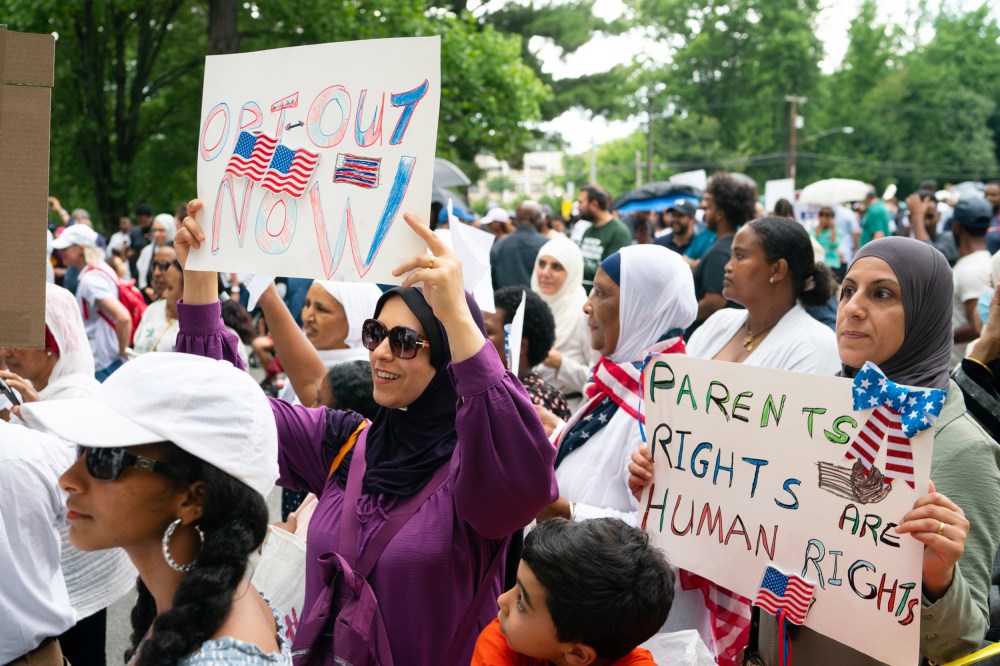Parents protest to opt out of books that feature LGBTQ characters in Montgomery County schools  in Rockville, Maryland on June 27.
