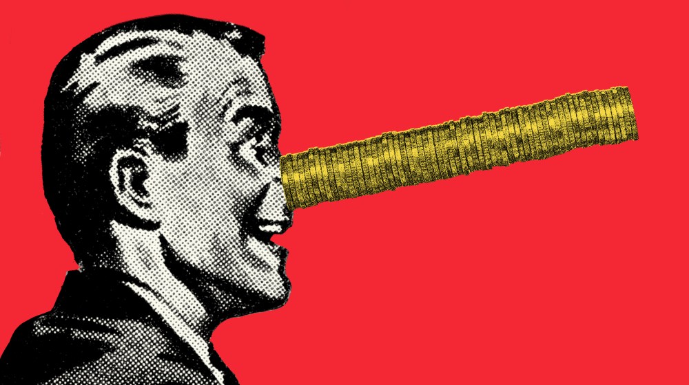 Cartoon man with a stack of gold coins for a nose against red background