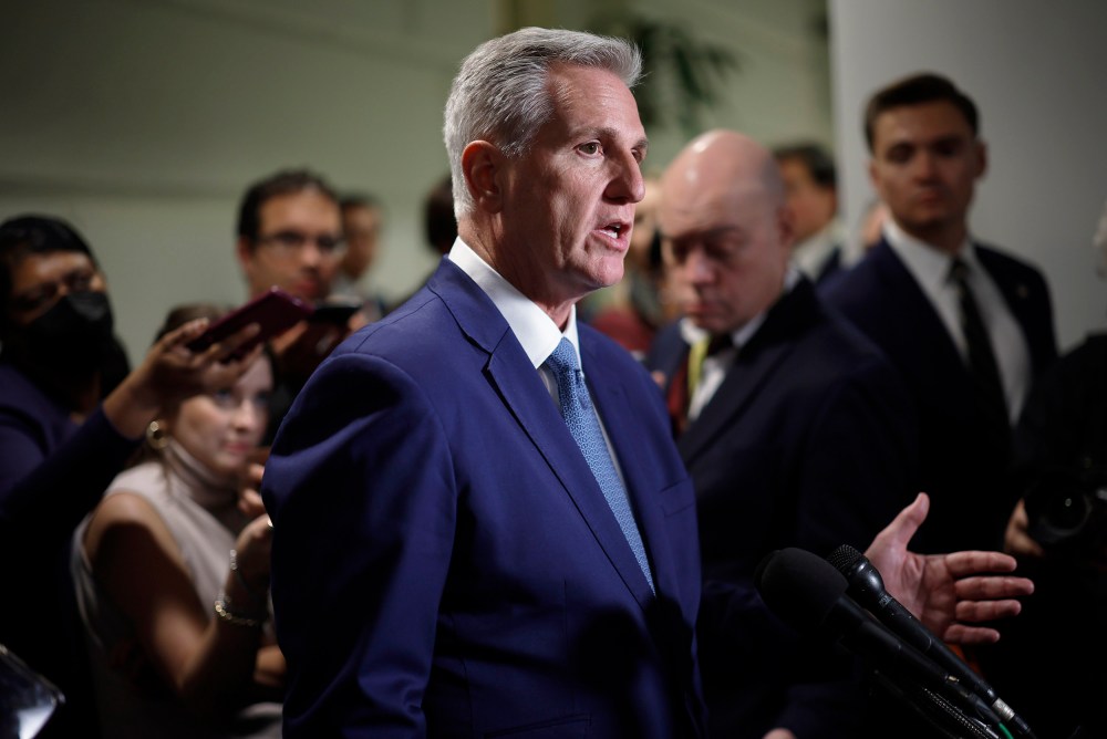 Rep. Kevin McCarthy talks to members of the press at the Capitol