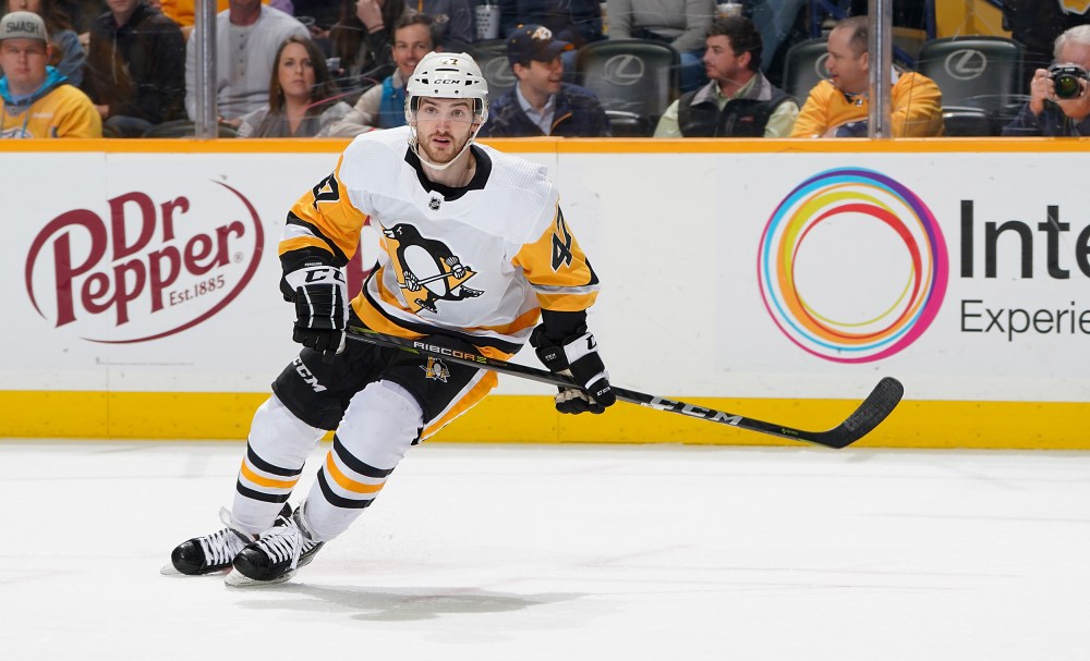 Adam Johnson of the Pittsburgh Penguins during a game against the Nashville Predators in Nashville, Tenn.