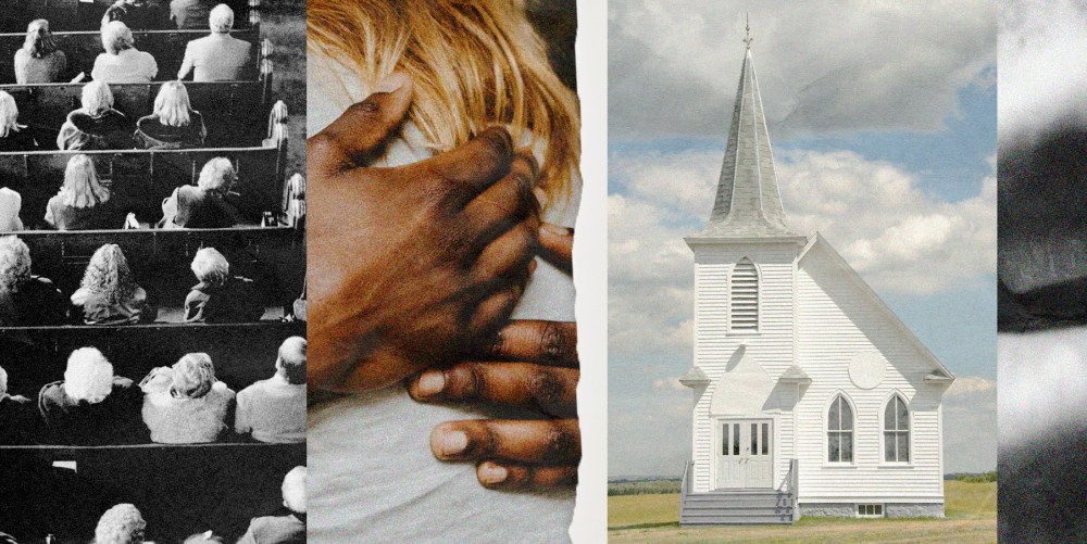 Photo Illustration: Religious imagery interspersed with people hugging and an open mouth