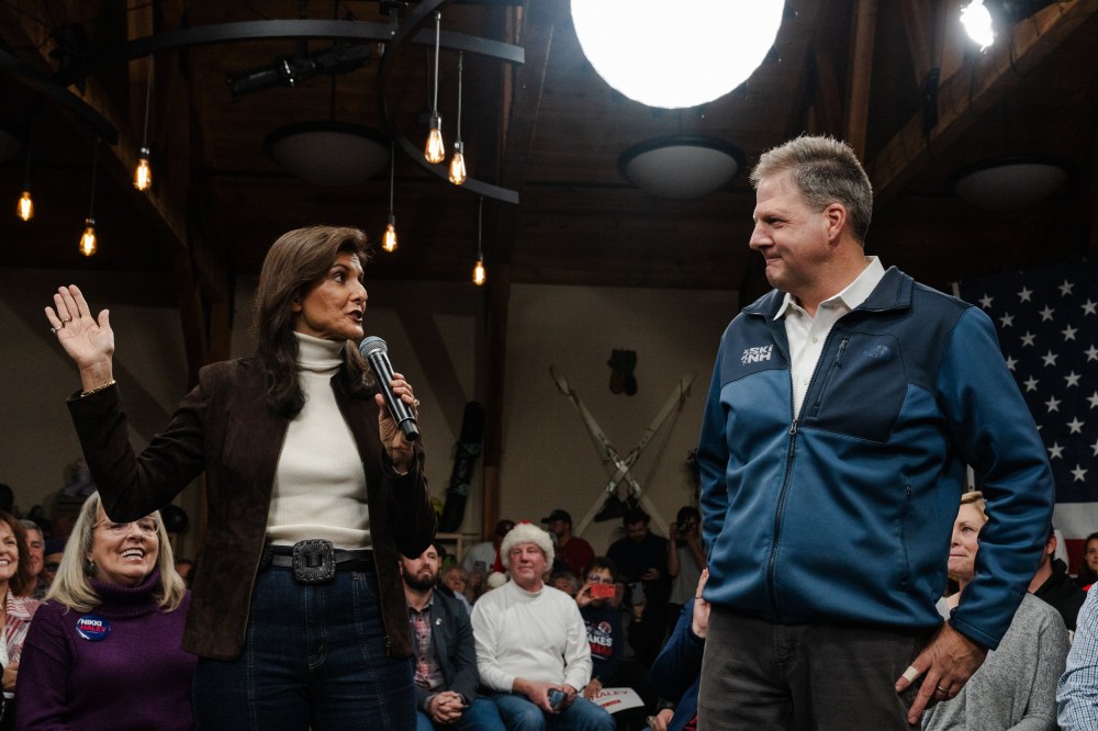 Nikki Haley and Chris Sununu during a town hall event in Manchester, N.H.