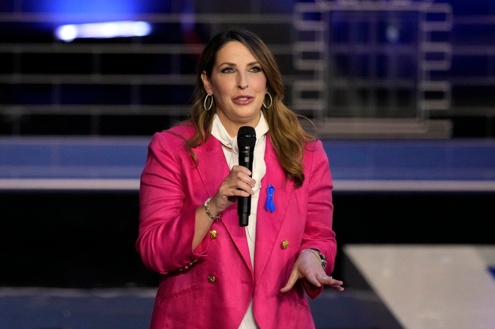 Republican National Committee chair Ronna McDaniel speaks before a Republican presidential primary debate hosted by NBC News on Nov. 8, 2023 in Miami.