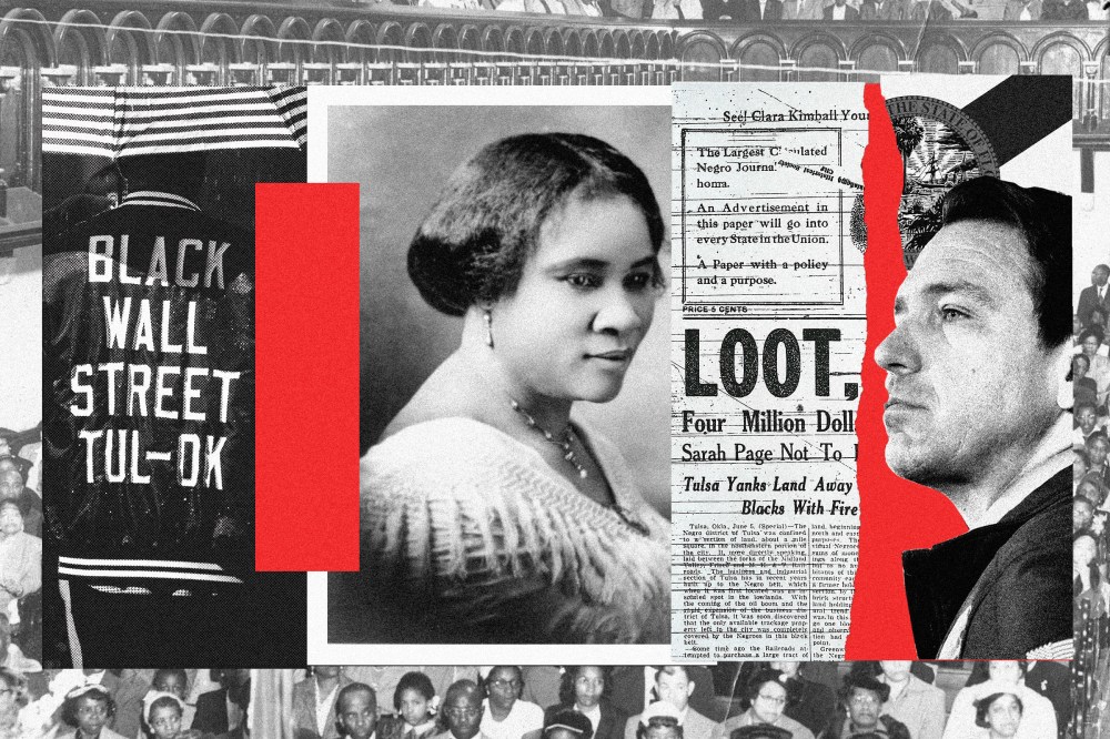 Photo collage that features notable moments in Black History, a photo of Madam CJ Walker, and Ron DeSantis