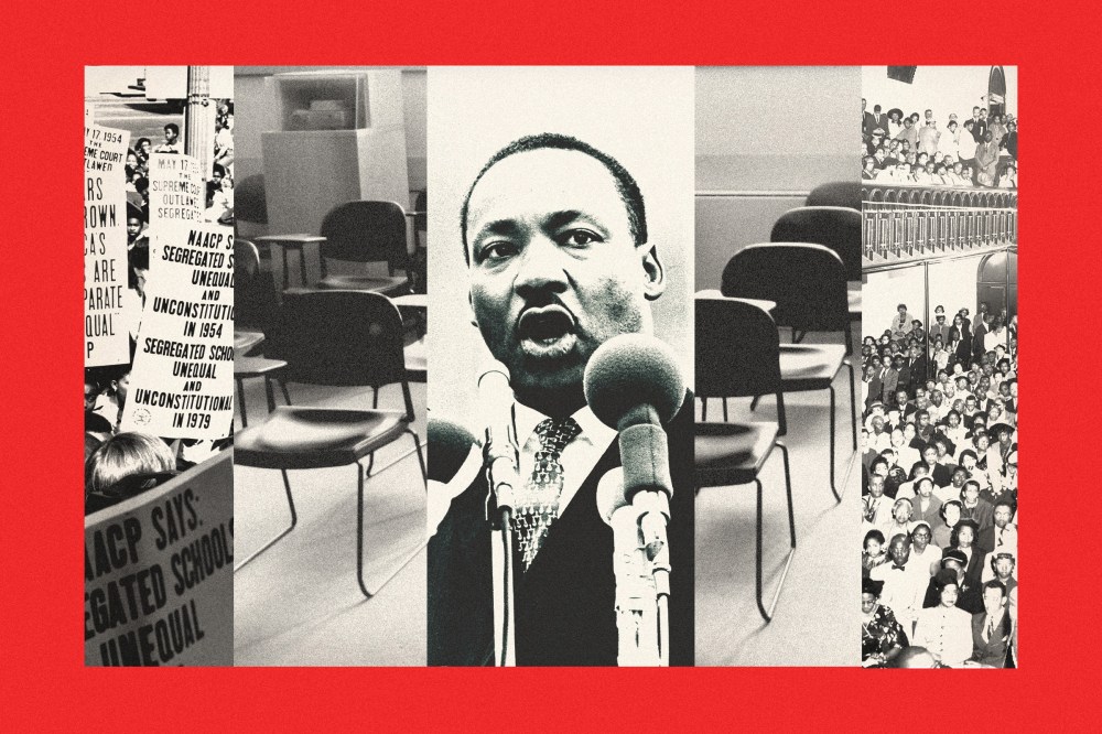 Photo collage of notable moments in Black History and images of a classroom