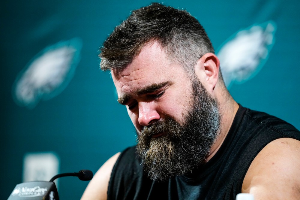 Image: Philadelphia Eagles' Jason Kelce speaks during a press conference announcing his retirement