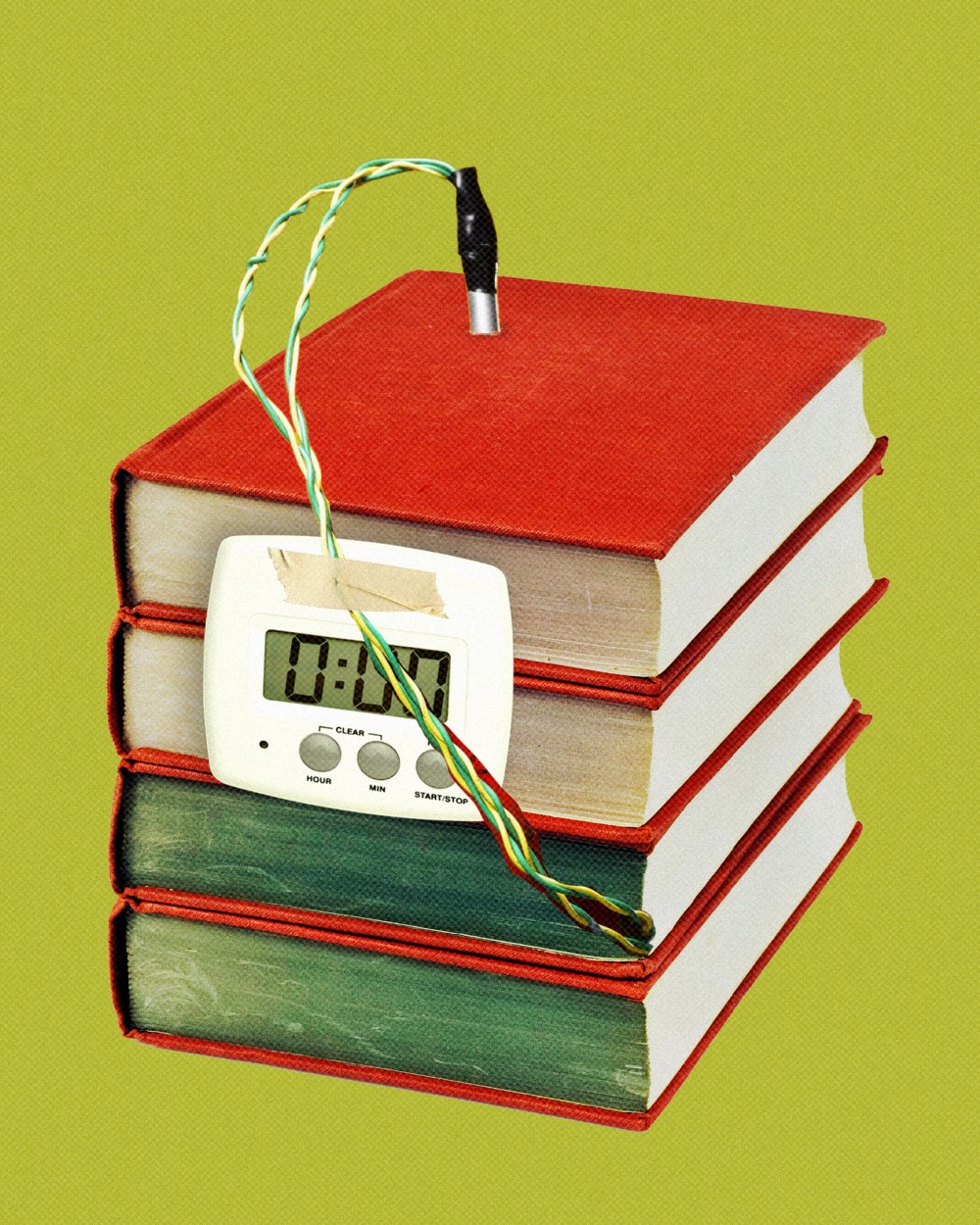 Photo illustration of a time bomb attached to a stack of books
