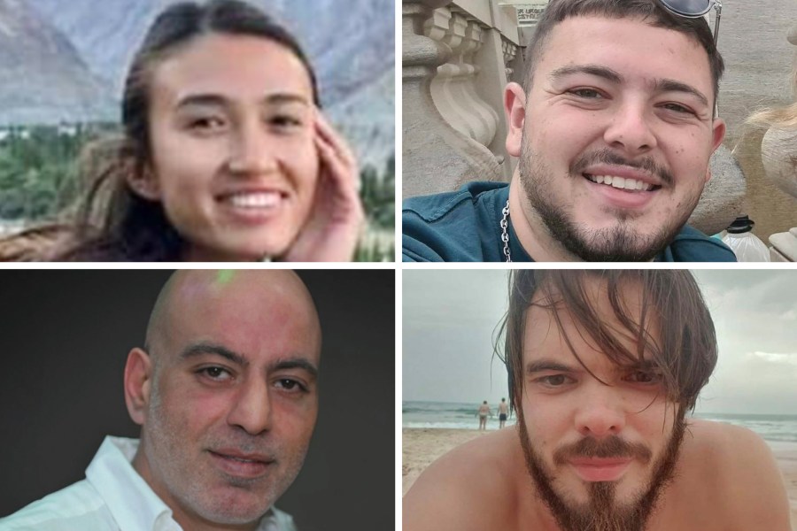 A four way photo split, from top left, clockwise, Noa Argamani, Almog Meir Jan, Shlomi Ziv, and Andrey Kozlov.