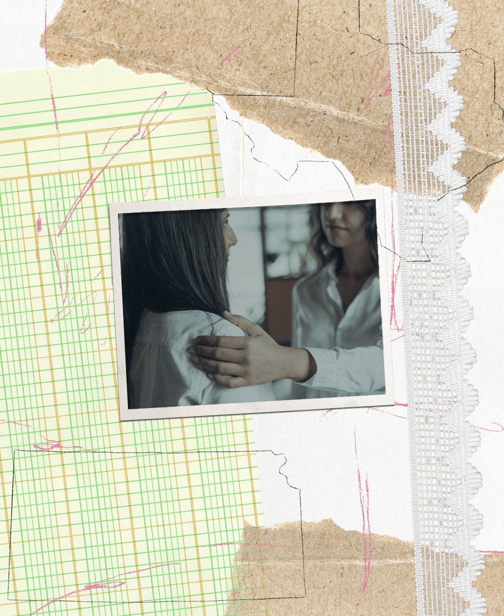 Scrapbook style image with an assortment of papers and scribbles, including outlines of Texas and Kansas. A photo of a woman comforting another woman is layered on top of the scrapbook page.