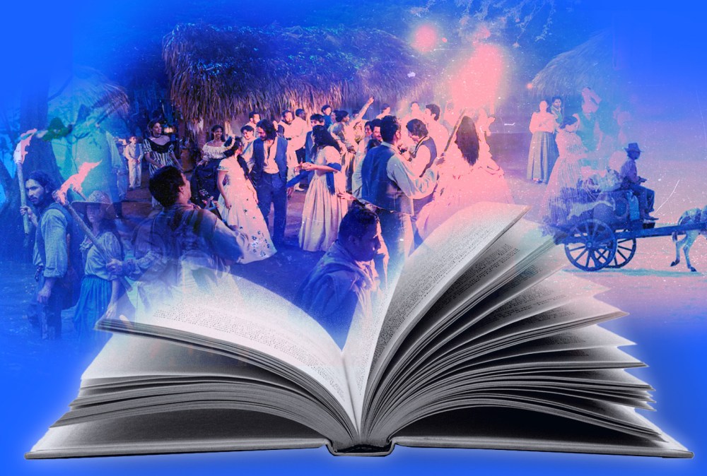 Photo Illustration: Stills from the Netflix adaptation of "100 Years of Solitude" floating above an open book