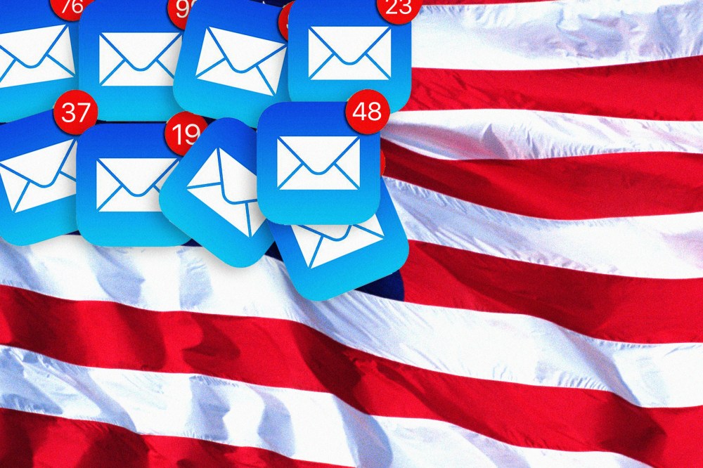 Photo illustration of American flag with email icons covered part of the flag