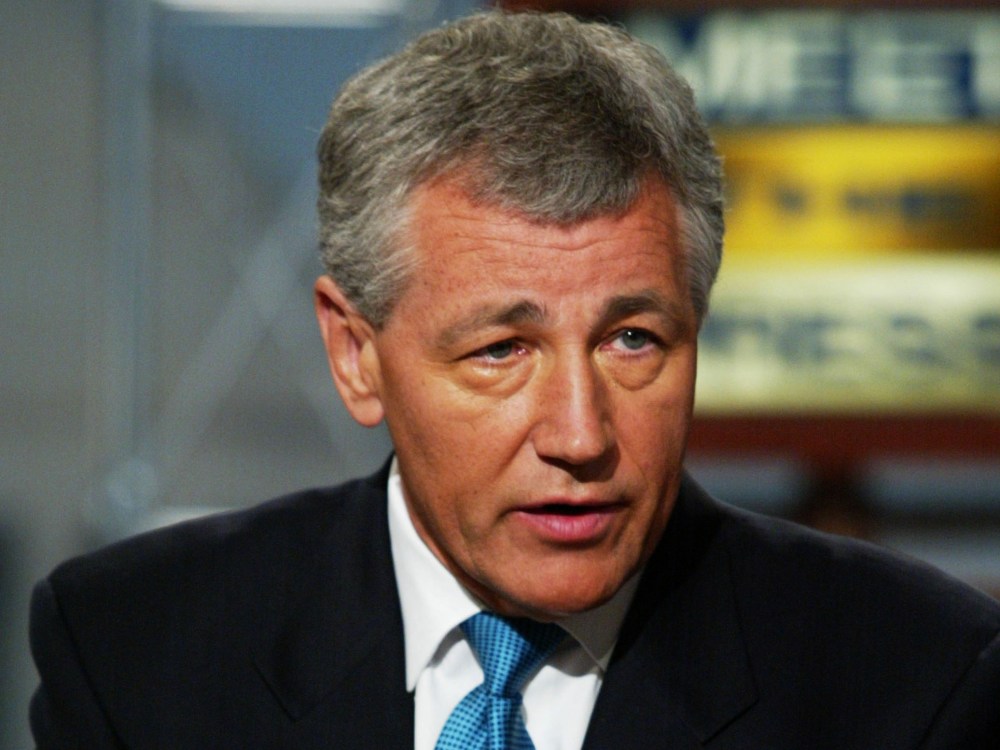 File Photo: U.S. Senator Chuck Hagel (R-NE) discusses various topics including the Middle East, National Security and the war on terrorism on NBC's 'Meet the Press' July 7, 2002 during a taping at the NBC studios in Washington, DC.    (Photo by Alex...