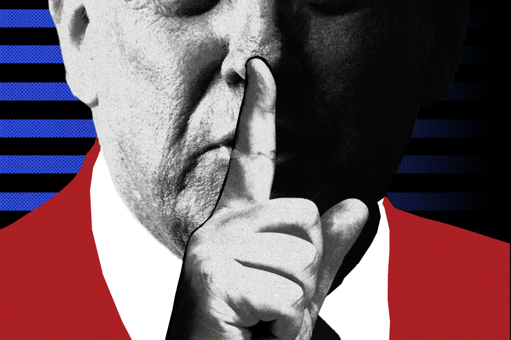 Photo collage of an up-close image of Donald Trump, holding his finger to his mouth as if he is hushing someone.