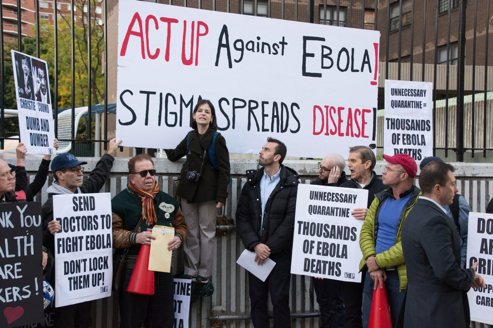 Annette Guadino of ACT UP speaks to protesters at Bellevue Hospital about policies regarding healthcare workers who cared for Ebola victims on Oct. 30, 2014.