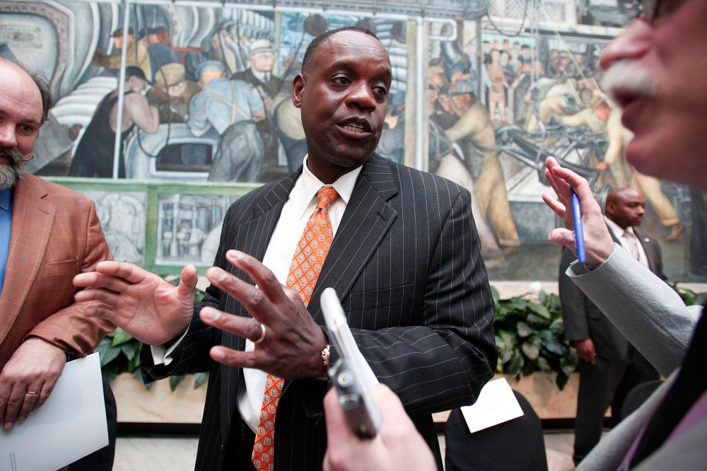 Detroit Emergency Manager Kevyn Orr speaks with the media after a press conference at the Detroit Institute of Arts June 9, 2014 in Detroit, Mich.