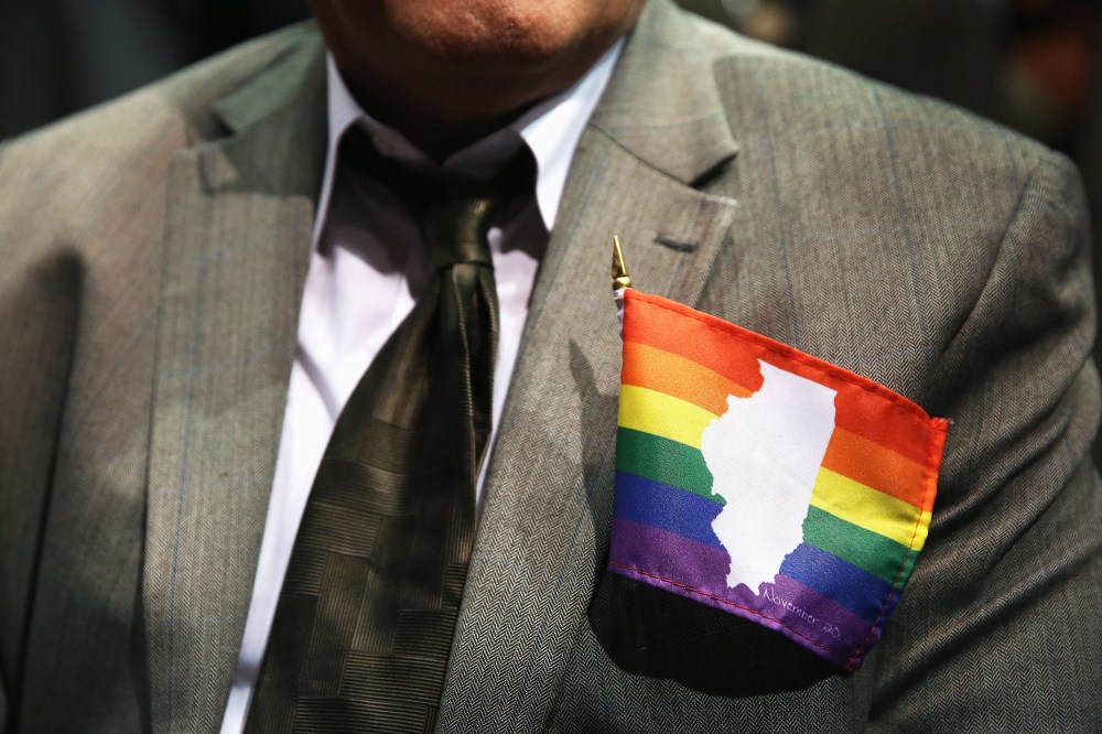 Jimmy Smith wears a small Illinois gay pride flag on his jacket in Chicago, Illinois, Nov. 2013.