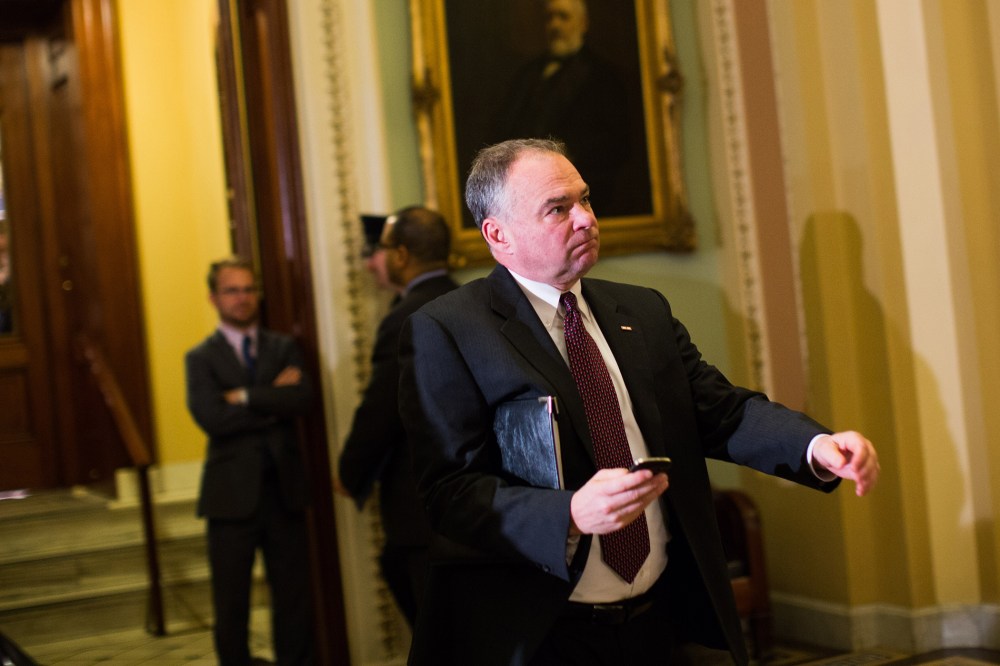 Sen. Tim Kaine (D-VA)  leaves the Senate floor on Capitol Hill, November 21, 2013.