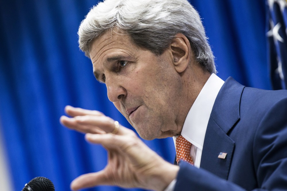 US Secretary of State John Kerry speaks during a press conference, June 23, 2014, in the Iraqi capital Baghdad.