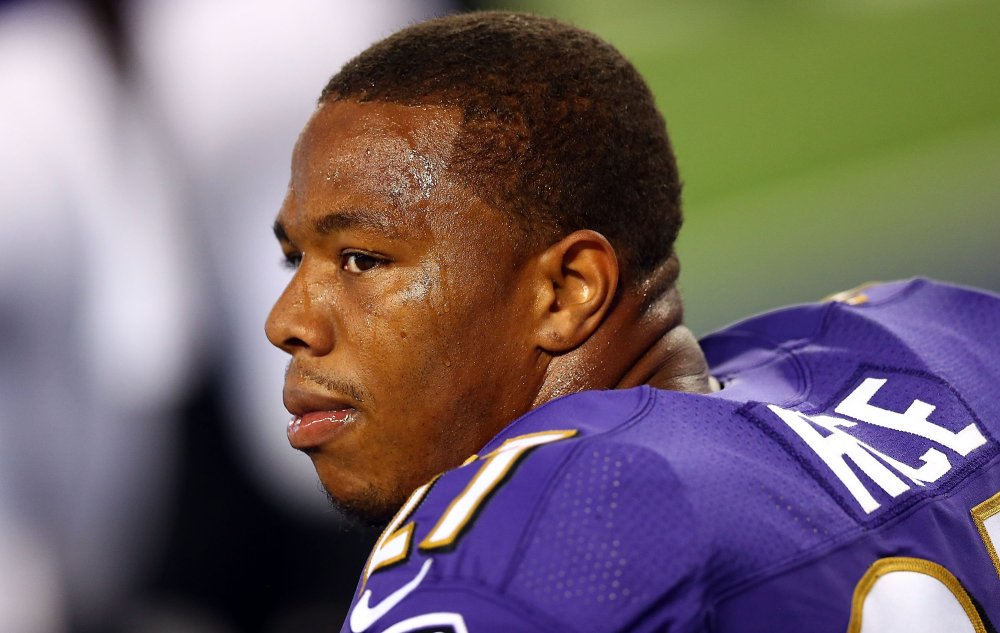 Ray Rice of the Baltimore Ravens sits on the bench against the Dallas Cowboys in the first half of their preseason game on August 16, 2014 in Arlington, Texas.