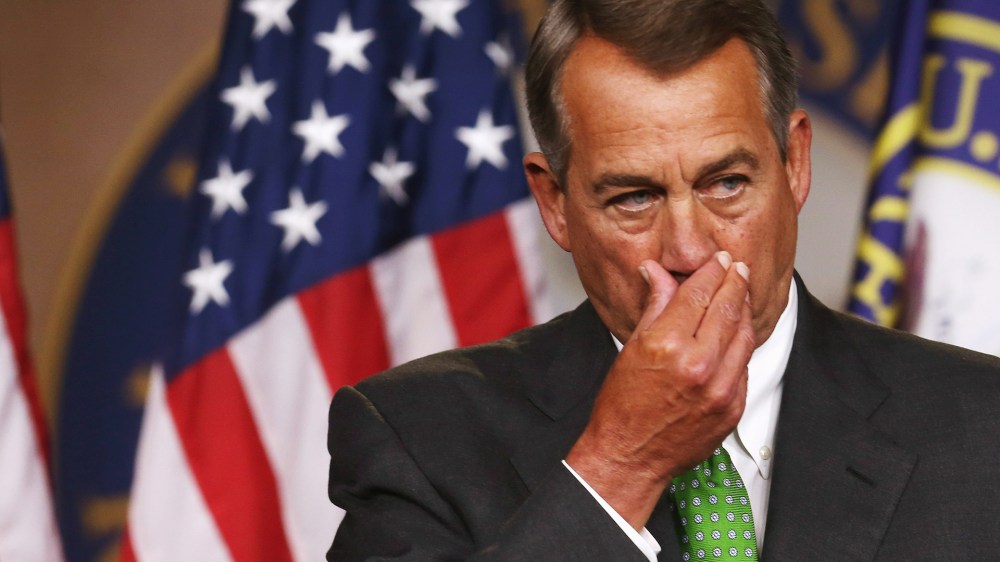 Speaker of the House John Boehner (R-OH) speaks to the media during his weekly briefing at the US Capitol, September 11, 2014 in Washington, DC.