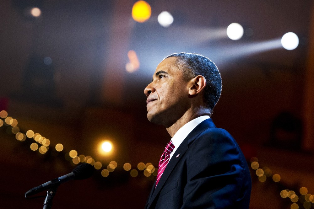 US President Barack Obama speaks during a taping of TNT's Christmas in Washington, Dec. 15, 2013.