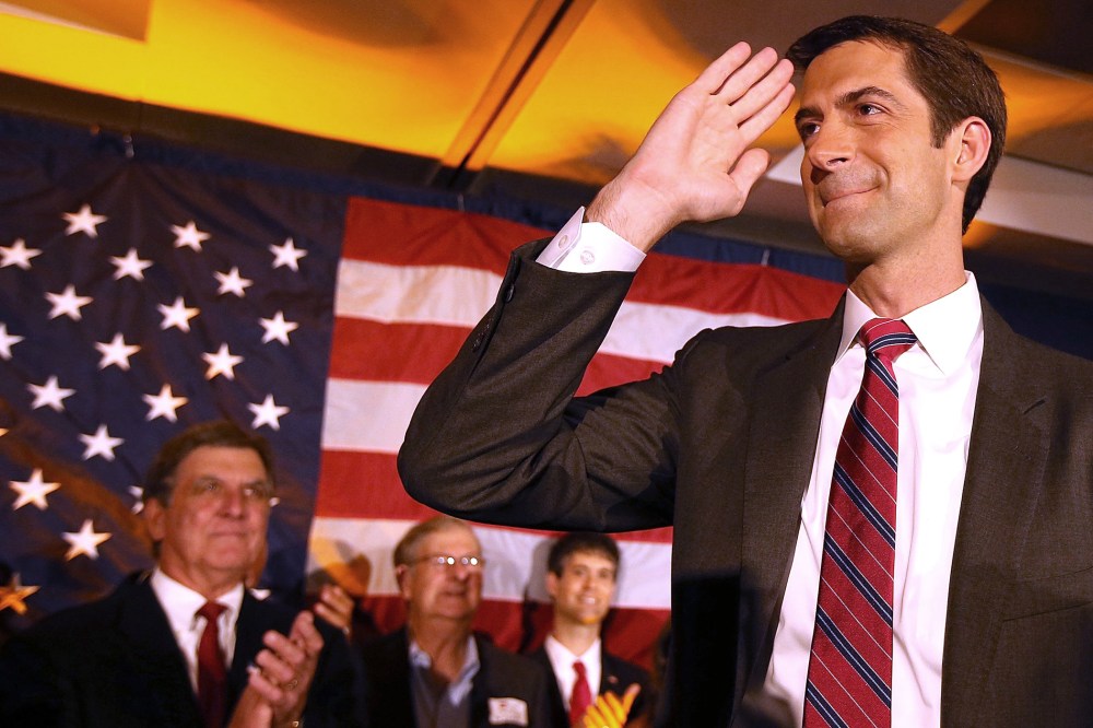 U.S. Rep. and Senator-elect Tom Cotton (R-AR) salutes supporters during an election night gathering on Nov. 4, 2014 in Little Rock.