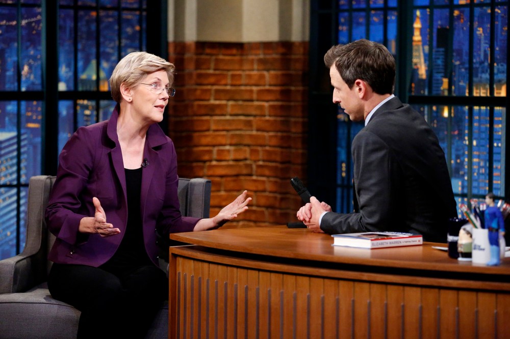 Senator Elizabeth Warren during an interview with host Seth Meyers on Nov. 11, 2014.