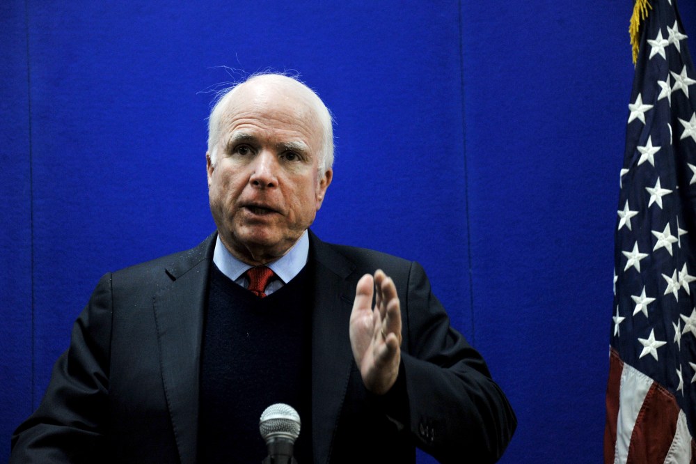 US Senator John McCain speaks during a press conference at the US Embassy in Kabul on January 2, 2014.