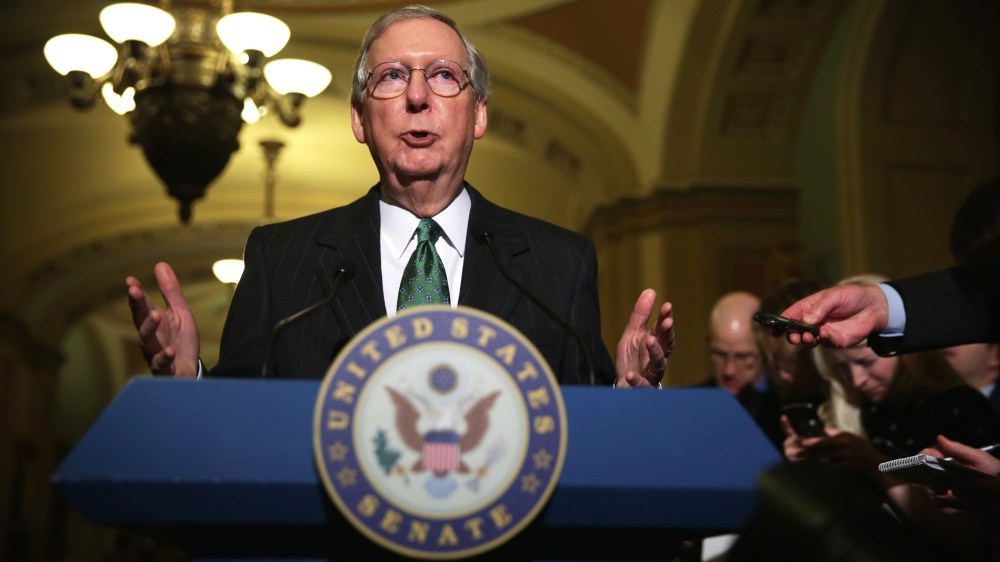Senate Minority Leader Sen. Mitch McConnell (R-KY) speaks to members of the media after the weekly Senate Republican Policy Luncheon on Dec. 16, 2014 on Capitol Hill in Washington, D.C. (Photo by Alex Wong/Getty)