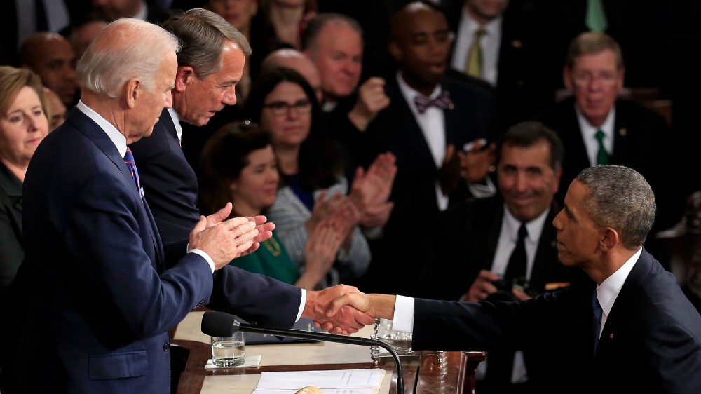 U.S. President Barack Obama shakes hands with Speaker of the House John Boehner at the conclusion of his State of the Union speech before in the House chamber of the U.S. Capitol Jan. 20, 2015 in Washington, DC. (Photo by Rob Carr/Getty)