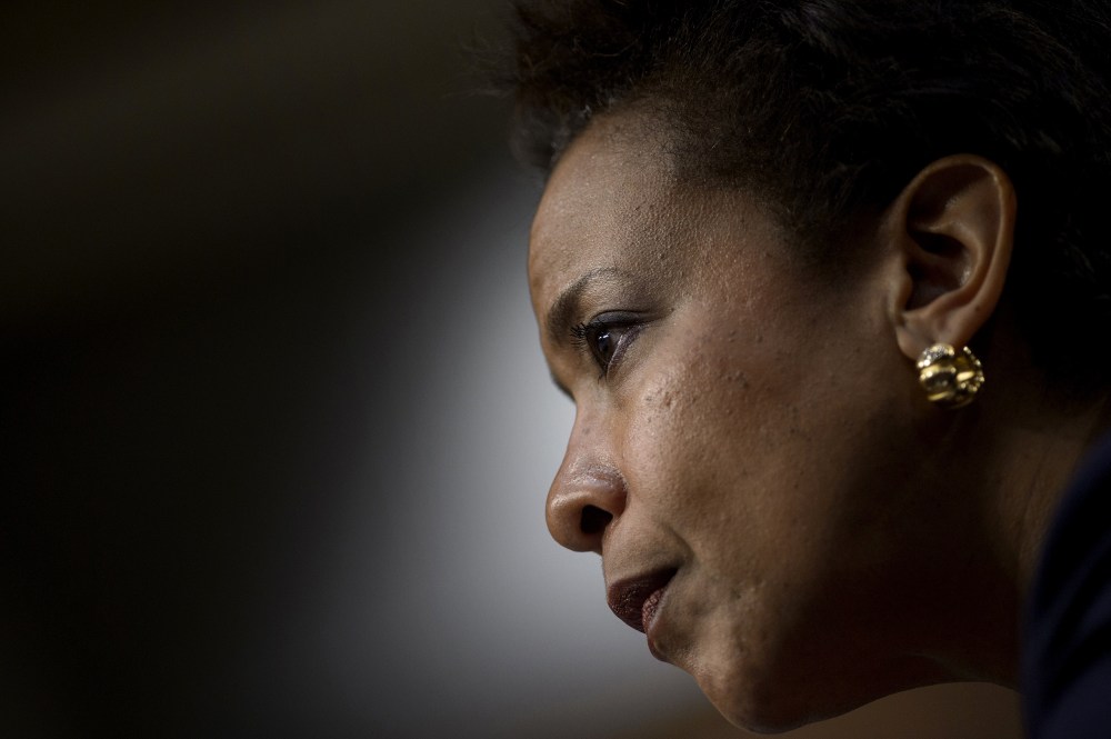 Loretta Lynch listens during her confirmation hearing before the Senate Judiciary Committee Jan. 28, 2015 in Washington, DC. (Photo by Brendan Smialowski/AFP/Getty)